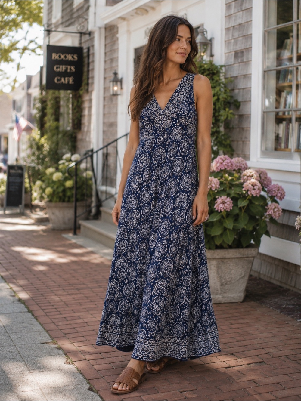 Coldwater Creek Blue Paisley Maxi Dress Sleeveless V Neck Boho